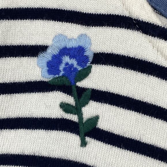 TALBOTS Top XLp Petite Floral Embroidered Striped Long Sleeve Cotton White Black - Picture 7 of 15